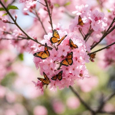 The primary subject of the image is a tree filled with pink flowers, which attracts a group of butterflies. The setting is a natural environment, with the tree being the main object of focus. The visual style is a photo, capturing the beauty of the flowers and butterflies in their natural habitat. The colors and mood of the image are predominantly pink, creating a warm and inviting atmosphere.